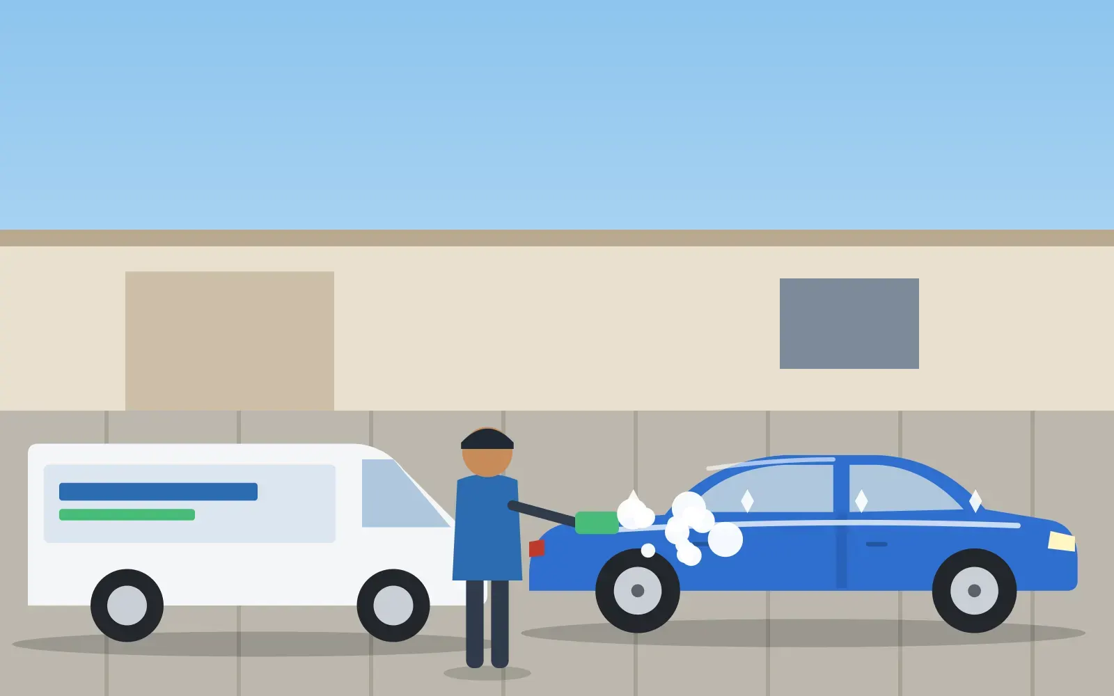 Illustration of a detailer foaming a car in a driveway next to a mobile detailing van
