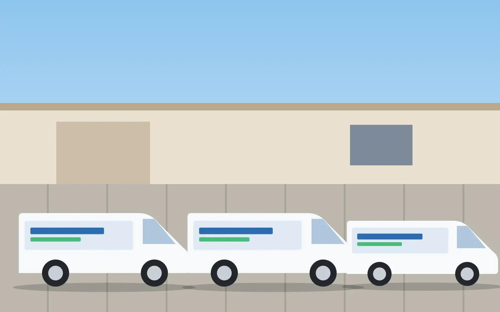 Illustration of a row of clean white work vans