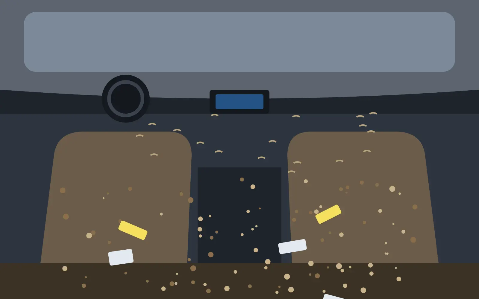 Illustration of a car interior with crumbs, wrappers and dirty seats